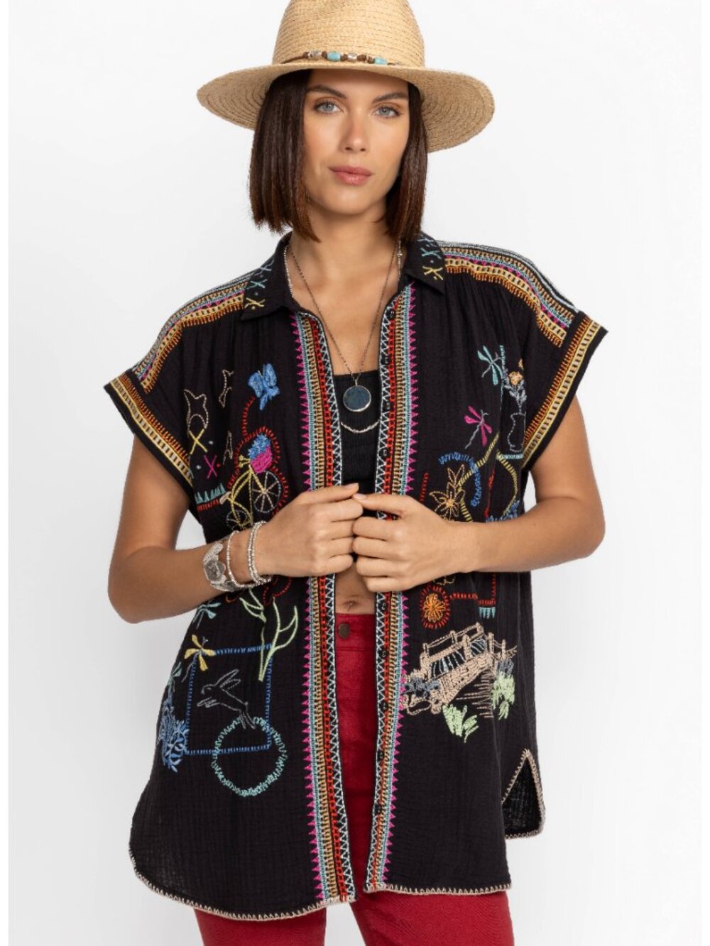 Johnny Was BIYA DIONNE button down embroidered BLOUSE Tunic Top